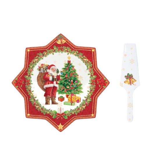 Cake platter and cake server set, porcelain, 32 cm, "Vintage Christmas - Tree" - Easy Life