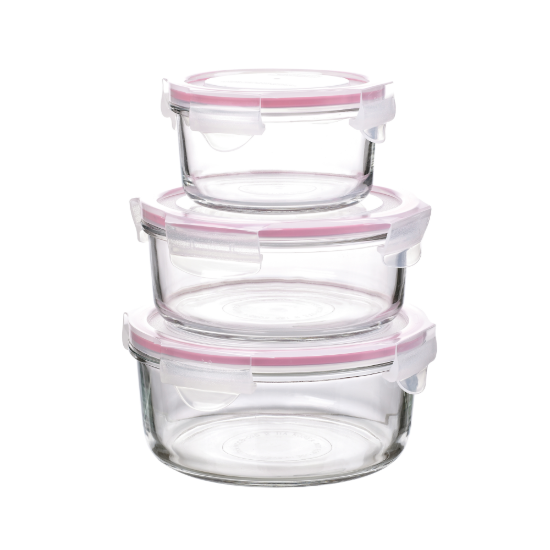 Sett med 3 matbeholdere, laget av glass, rosa - Glasslock