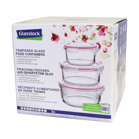 Sett med 3 matbeholdere, laget av glass, rosa - Glasslock