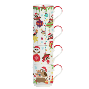 Set 4 tazze in porcellana "Owls Family", 275 ml, blu - Easy Life