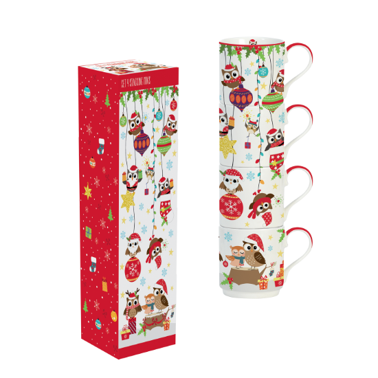 Set 4 tazze in porcellana "Owls Family", 275 ml, blu - Easy Life