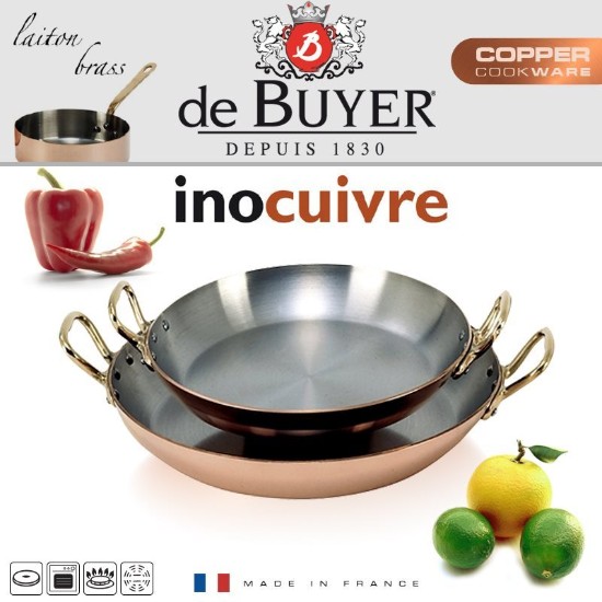 Braadpan "Inocuivre", 12 cm, met messing handgrepen - merk "de Buyer"