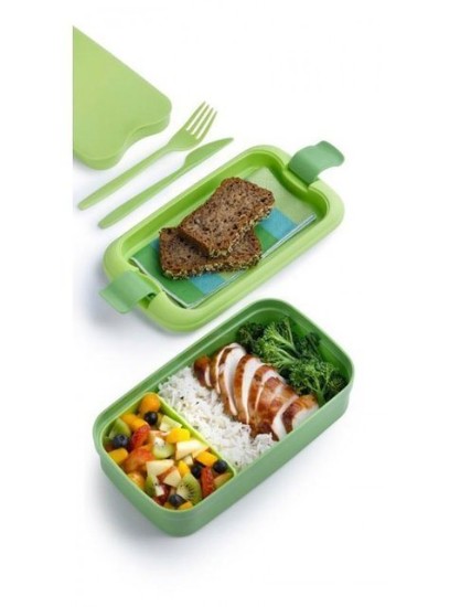 Food container with cutlery set, plastic, Green - Curver
