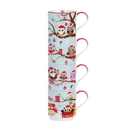 Set 4 tazze in porcellana "Owls Family", 275 ml, bianco - Easy Life