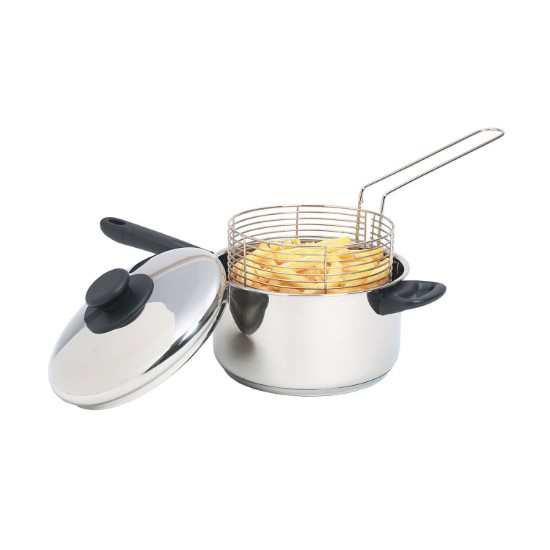 Saucepan-fryer with lid and basket for frying, 20 cm, stainless steel - by Kitchen Craft