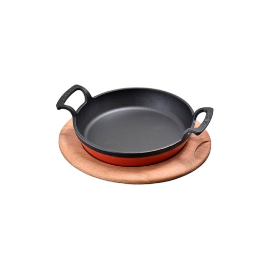 Piatto rotondo in ghisa, 20 cm, con supporto in legno, rosso - LAVA