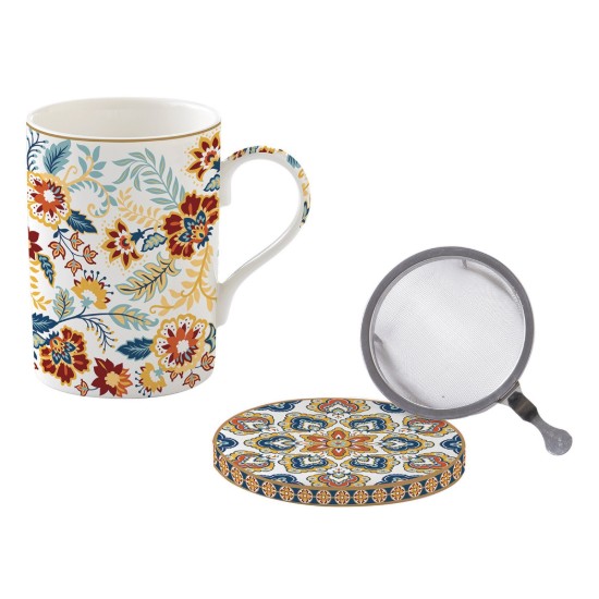 350 ml "Paisley Abundance" beker met deksel en zetgroep, porselein - Easy Life