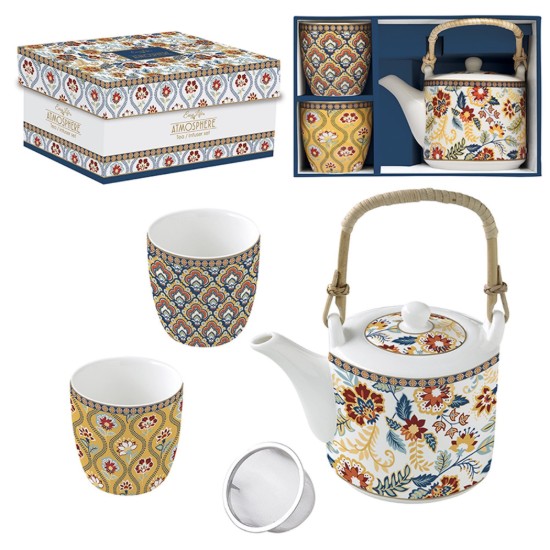 Teiera in porcellana da 600 ml con infusore e 2 tazzine, collezione "Paisley Abbondanza" - Easy Life