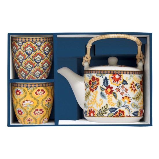 Teiera in porcellana da 600 ml con infusore e 2 tazzine, collezione "Paisley Abbondanza" - Easy Life