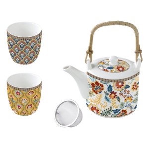 Teiera in porcellana da 600 ml con infusore e 2 tazzine, collezione "Paisley Abbondanza" - Easy Life