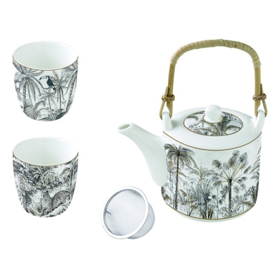600 ml porcelain teapot with infuser and 2 cups, "Retro Jungle" - Easy Life
