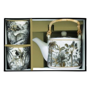 600 ml porcelain teapot with infuser and 2 cups, "Retro Jungle" - Easy Life