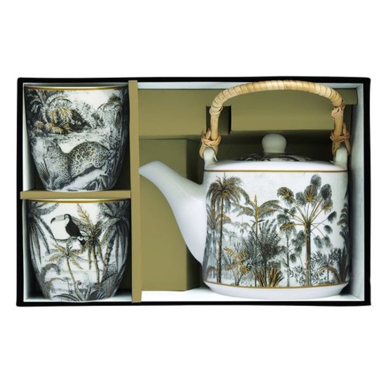 600 ml porcelain teapot with infuser and 2 cups, "Retro Jungle" - Easy Life