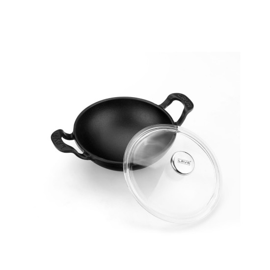 Wok rotondo con coperchio in vetro, 16 cm, ghisa, nero - marca Lava