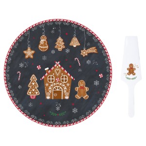 Set of cake platter and cake knife, 32 cm, porcelain, "GINGERBREAD" - Easy Life
