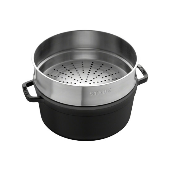 Cast iron Cocotte cooking pot, with steam cooking accessory, 26 cm/5.2L, Black - Staub