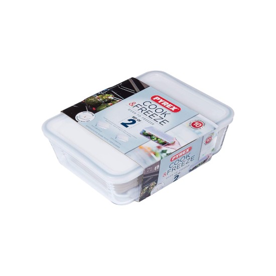 Set of 2 rectangular food containers, with lids, made of "Cook & Freeze" heat-resistant glass, 1.5L / 2.6 L - Pyrex