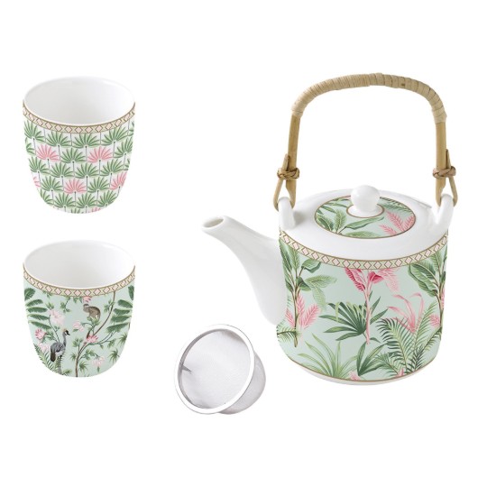 600 ml porcelain teapot with metal infuser and 2 cups, "Wild Tropical" - Easy Life