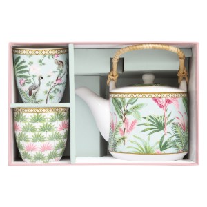 600 ml porcelain teapot with metal infuser and 2 cups, "Wild Tropical" - Easy Life