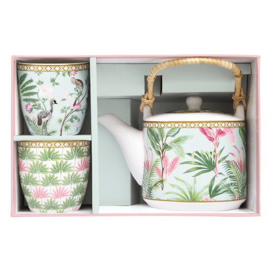 600 ml porcelain teapot with metal infuser and 2 cups, "Wild Tropical" - Easy Life