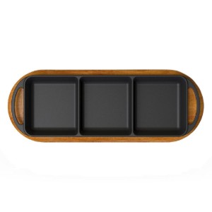 Rechthoekig gecompartimenteerd dienblad, gietijzer, 33 × 12 cm, met houten drager – LAVA