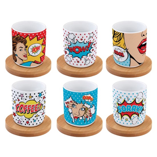 Set van 6 "Pop Art" kopjes met schotels, porselein, 70 ml - Easy Life