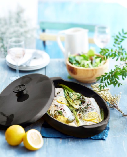 Steam cooking dish, ceramic, 42x25cm/1.9L, "PAPILLOTE", Charcoal - Emile Henry