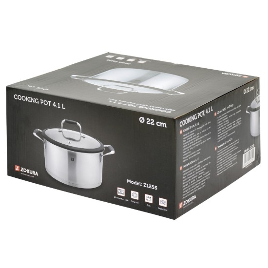 Casseruola con coperchio, acciaio inox, 22 cm / 4.1 L - Zokura