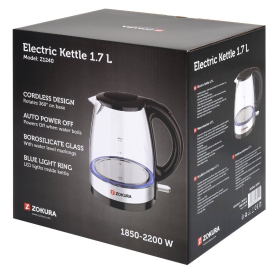 Bollitore elettrico, in vetro, 1,7 L, 2200 W - Zokura