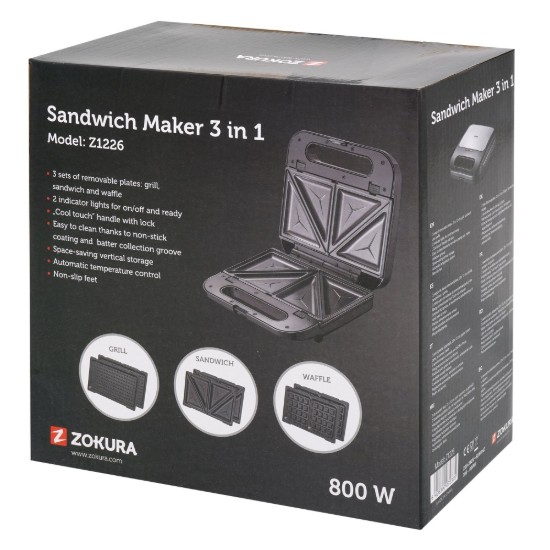 3-in-1 sandwich maker, 2 slices, 800 W - Zokura