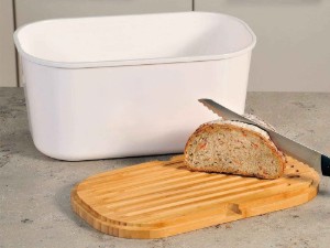 Bread box with cutting board, 37 x 21.5 cm, melamine, White - Kesper