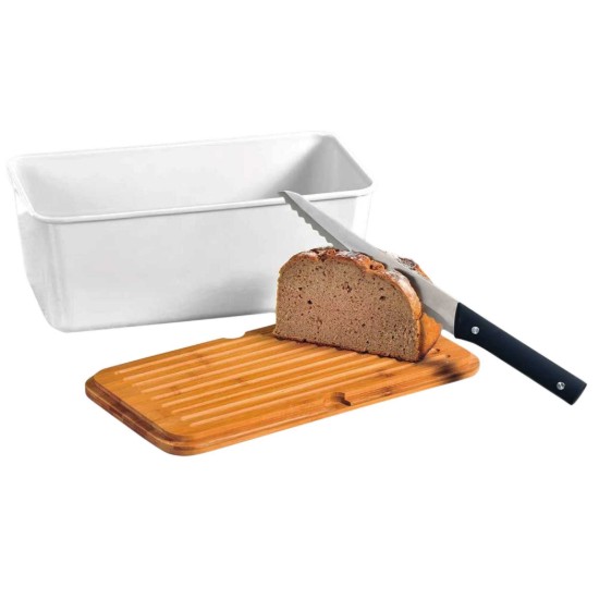 Bread box with cutting board, 34 x 18 cm, melamine, White - Kesper