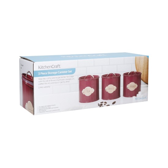 Σετ 3 δοχείων για τσάι, καφέ και ζάχαρη, 1L, Burgundy - Kitchen Craft