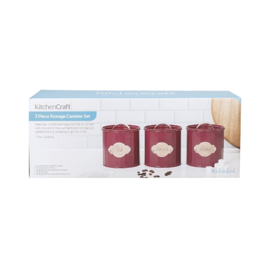 Σετ 3 δοχείων για τσάι, καφέ και ζάχαρη, 1L, Burgundy - Kitchen Craft