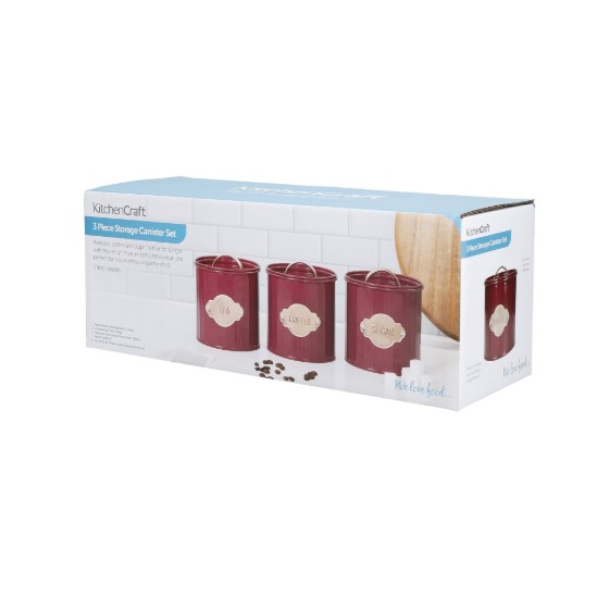 Σετ 3 δοχείων για τσάι, καφέ και ζάχαρη, 1L, Burgundy - Kitchen Craft
