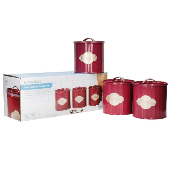 Σετ 3 δοχείων για τσάι, καφέ και ζάχαρη, 1L, Burgundy - Kitchen Craft