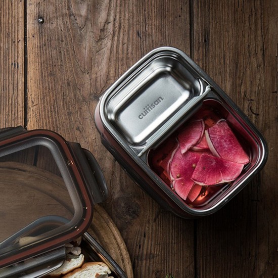 Rectangular food storage container, compartmentalized, stainless steel, 370 ml, "TO GO" range - Cuitisan
