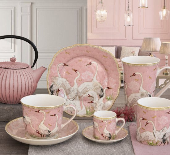 Set med 2 kaffekoppar med fat, porslin, 75ml, "Dancing Herons" - Easy Life