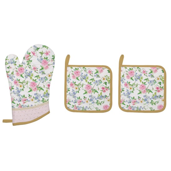 Set of oven mitt and 2 cookware hot pads, "Garden Joy" - Easy Life