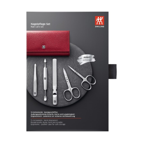 5-piece manicure set, leather case, red,  Classic Inox - Zwilling