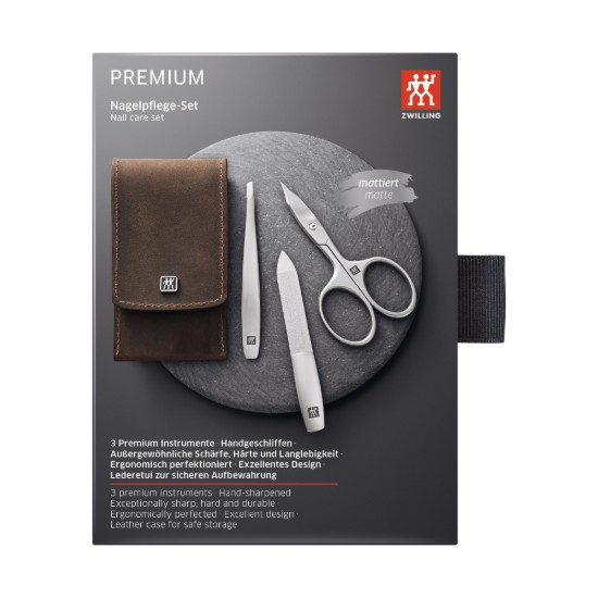Manicure set, 3 pieces, stainless steel, brown leather case, PREMIUM - Zwilling