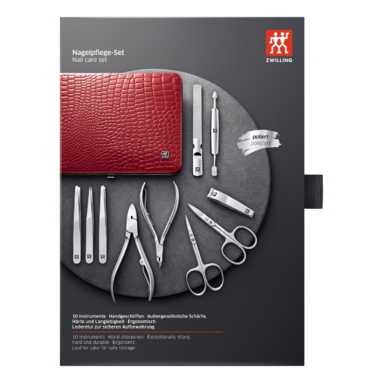 10-piece manicure set, leather frame case, Red - Zwilling Classic Inox
