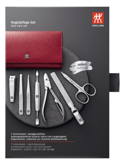 7-piece manicure set, leather case with staples, Red - Zwilling Classic Inox