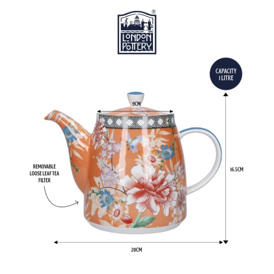 Teapot with infuser, porcelain, 1L, Coral - London Pottery