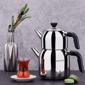 Double Turkish teapot, stainless steel, Black, Kappa - Korkmaz