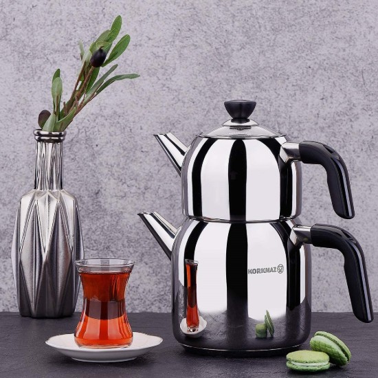 Double Turkish teapot, stainless steel, Black, Kappa - Korkmaz