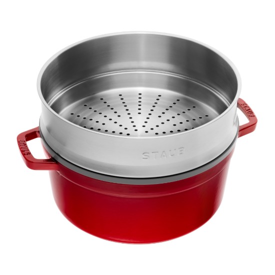 Ketaus Cocotte virimo puodas, su virimo garuose priedu, 24cm / 3.79L, Cherry - Staub