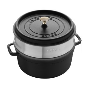 Gietijzeren Cocotte kookpot, met stoomkookaccessoire, 26cm/5.2L, Black - Staub
