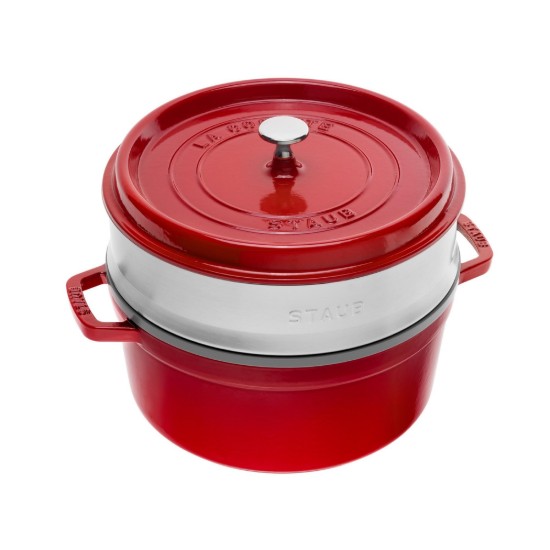Ketaus Cocotte virimo puodas, su virimo garuose priedu, 24cm / 3.79L, Cherry - Staub