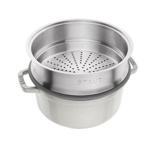 Gietijzeren Cocotte kookpot, met stoomkook opzetstuk, 24cm/3.79L, White Truffle- Staub